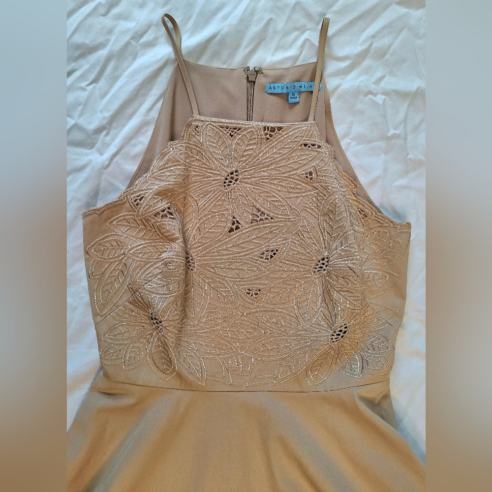 Antonio Melani Nude Embroidered Midi Dress Asymmetrical Hem 0
